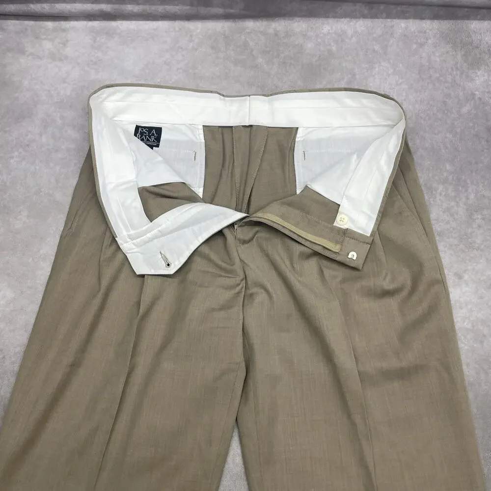 Jos A Bank Travelers Men's 36W x 34L Olive Wool Dress Pants Pleated Front Cuffed